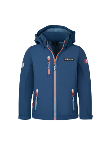 Trollkids Softshell-Jacke "Preikestolen" in Mystik Blau/Stahlblau/Dunkelorange