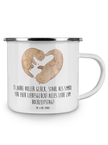 Mr. & Mrs. Panda Camping Emaille Tasse 11. Hochzeitstag Stahlhoc... in Weiß