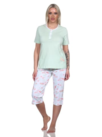 NORMANN Capri Schlafanzug kurzarm Pyjama Flamingo und Knopfleiste am Hals in grün