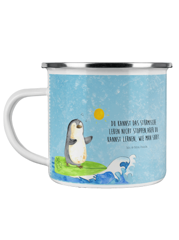 Mr. & Mrs. Panda Camping Emaille Tasse Pinguin Surfer mit Spruch in Eisblau