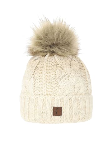Faera Warme Strickmütze mit Bommel Zopf Design Farbverlauf in Beige