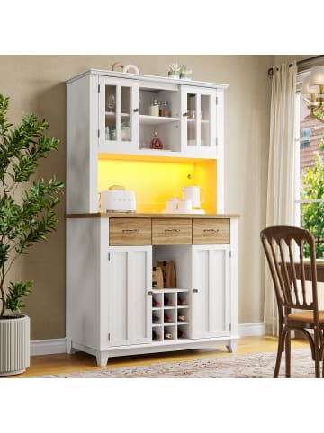 ABRIHOME 180cm Küchenschrank Buffetschrank mit LED-Beleuchtung in Weiß/Holzfarbene