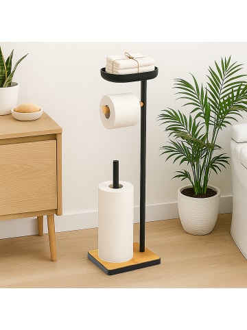 relaxdays Toilettenpapierhalter in Schwarz/ Natur - (B)20,5 x (H)68 x (T)16 cm