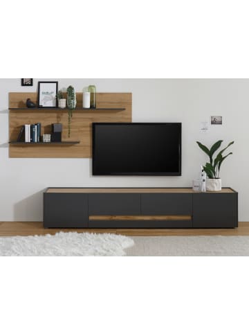 Furn.Design Wohnwand 2-teilig grau, Eiche Wotan 300 cm, Wohnkombination mit XXL Lowboard