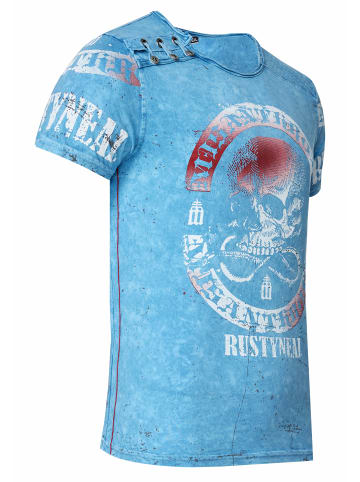Rusty Neal Verwaschenes T-Shirt mit Seitlicher-Knopfleiste und Skull Print in Blau