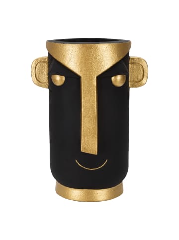 Mauro Ferretti Schwarze und goldene Kunstharzvase mit Stammeskopfmotiv, 30 x 23,5 x 40 cm