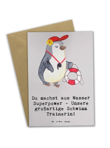 Mr. & Mrs. Panda Grußkarte Superpower Schwimmen Trainerin mit Sp... in Grau Pastell