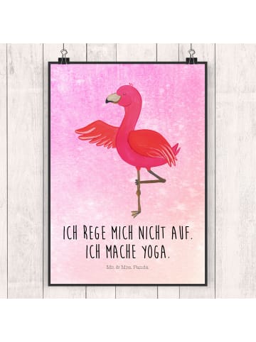 Mr. & Mrs. Panda Poster Flamingo Yoga mit Spruch in Aquarell Pink
