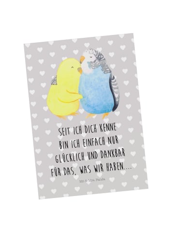 Mr. & Mrs. Panda Postkarte Wellensittich Liebe mit Spruch in Grau Pastell