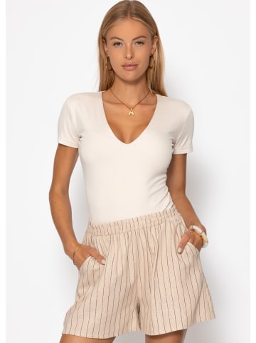 SASSYCLASSY Kurzarm Body mit V-Ausschnitt in Hellbeige