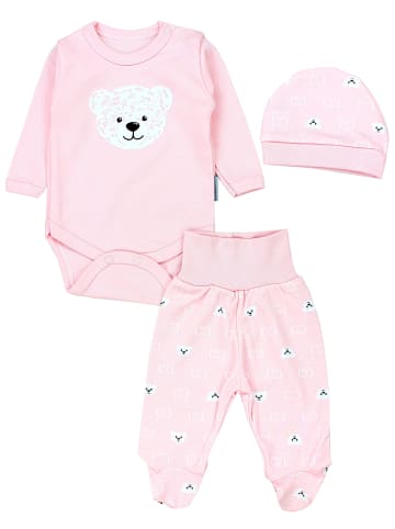 TupTam Baby Bekleidungsset Langarmbody Hose Mütze3 teilig in rosa/weiß