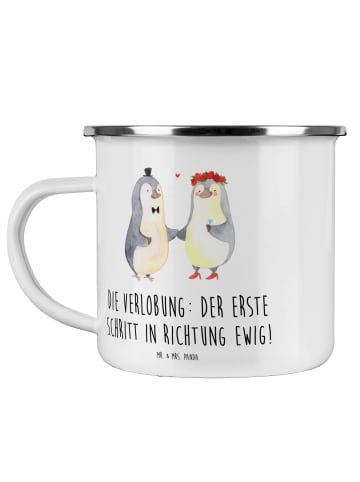 Mr. & Mrs. Panda Camping Emaille Tasse Verlobung Schritt mit Spruch in Weiß