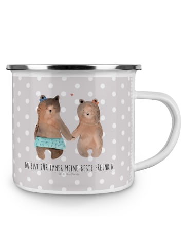 Mr. & Mrs. Panda Camping Emaille Tasse Bär Freundin mit Spruch in Grau Pastell