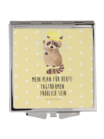 Mr. & Mrs. Panda Handtaschenspiegel quadratisch Waschbär mit Spruch in Gelb Pastell