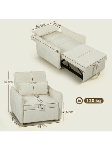 HOMCOM Schlafsessel-88L x 84B x 87H cm-Cremeweiß