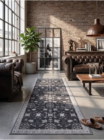 KADIMA DESIGN Teppich Kurzflor VERNANTE waschbar Orient Diele in Schwarz-Creme-Grau