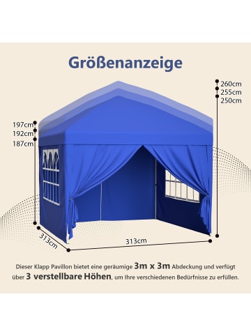 ABRIHOME Pavillon in Blau 3x3 m mit 4 Seitenwänden Höhenverstellbar