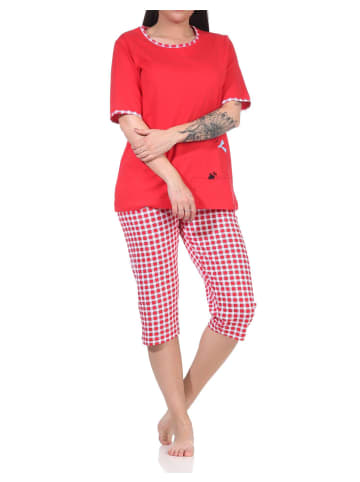 NORMANN kurzarm Capri Schlafanzug Katzen und lang Karo Jersey Hose - 66219 in rot
