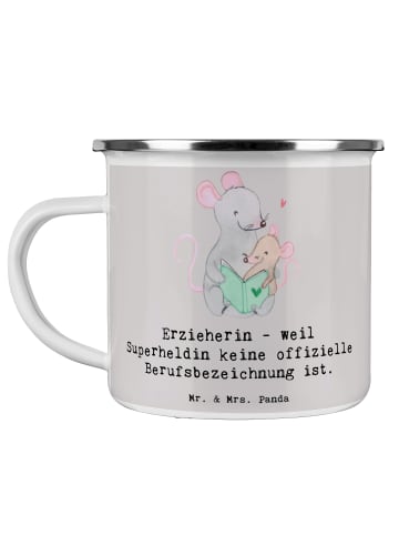 Mr. & Mrs. Panda Camping Emaille Tasse Erzieherin Superheldin mi... in Grau Pastell