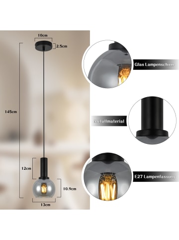 ZMH Pendelleuchte in Schwarz und rauchgrau 1-flammige E27 rund Glas und Metall