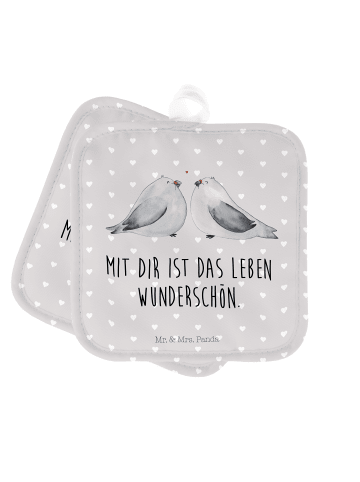 Mr. & Mrs. Panda 2er Set Topflappen  Turteltauben Liebe mit Spruch in Grau Pastell