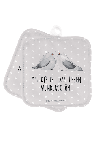 Mr. & Mrs. Panda Topfhalter Turteltauben Liebe mit Spruch in Grau Pastell