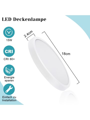 ZMH Deckenleuchte LED Ø18cm rund in weiß 6000K kaltweiß flach Flurlampe 15 W
