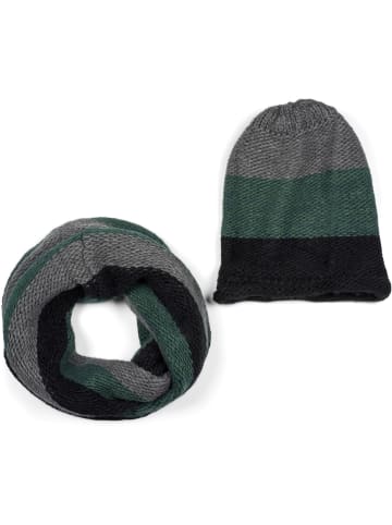 styleBREAKER Strick Loop und Beanie Set in Schwarz-Grün-Grau