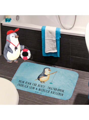 Mr. & Mrs. Panda Badematte Pinguin Angler mit Spruch in Eisblau