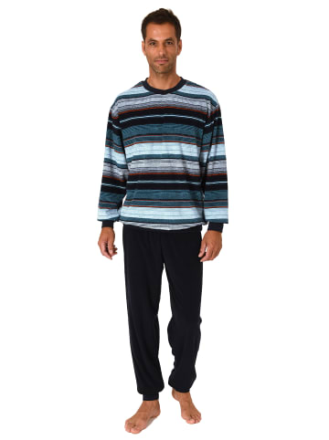 NORMANN Frottee Schlafanzug langarm Bündchen Streifen - 75414 in marine