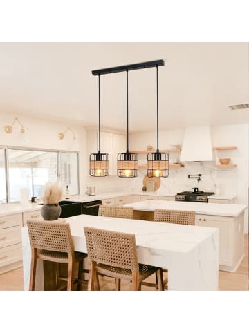 ZMH Pendelleuchte 3-flammige E27 in Schwarz Rattan rechteckig Vintage