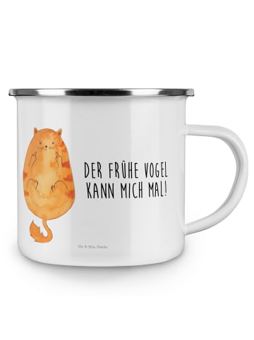 Mr. & Mrs. Panda Emaille Becher Katze Frühaufsteher mit Spruch in Weiß