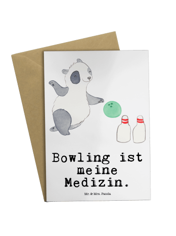 Mr. & Mrs. Panda Glückwunschkarte Panda Bowling mit Spruch in Weiß
