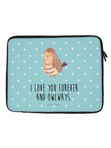 Mr. & Mrs. Panda Laptop Tasche Eule Zufrieden mit Spruch in Türkis Pastell
