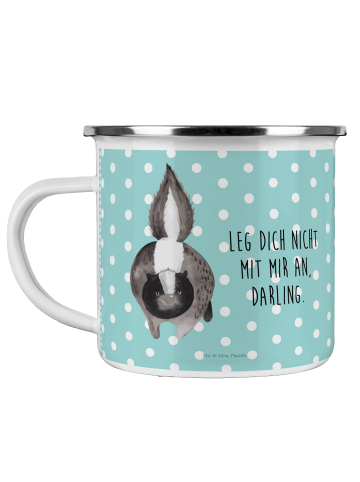 Mr. & Mrs. Panda Camping Emaille Tasse Stinktier Angriff mit Spruch in Türkis Pastell