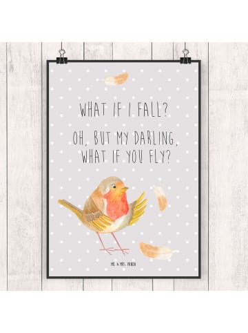 Mr. & Mrs. Panda Wandbild Rotkehlchen Federn mit Spruch in Grau Pastell