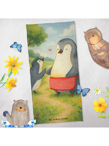 Mr. & Mrs. Panda Badehandtuch Pinguin mit Kind Design ohne Spruch in Blau Pastell