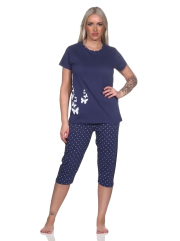 NORMANN Schlafanzug kurzarm Pyjama Caprihose Tupfen Punkte Optik in navy