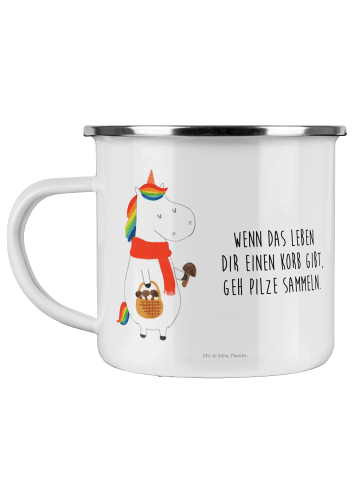 Mr. & Mrs. Panda Camping Emaille Tasse Einhorn Pilz mit Spruch in Weiß