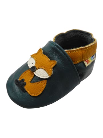 Yalion Baby-Lederlaufschuhe mit rutschfester Sohle – dunkelgrün mit Fuchsmotiv 