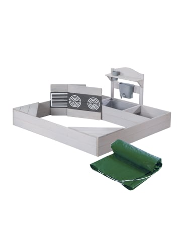 roba Sandkasten aus Holz - inkl. Matschküche & Abdeckplane - Wetterfest - Grau