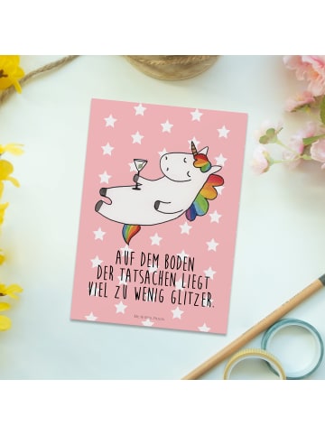 Mr. & Mrs. Panda Postkarte Einhorn Blümchentail mit Spruch in Rot Pastell