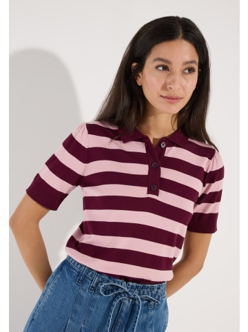 More & More schmaler, gestreifter Kurzarm-Polo-Pullover in rose/ruby orchid