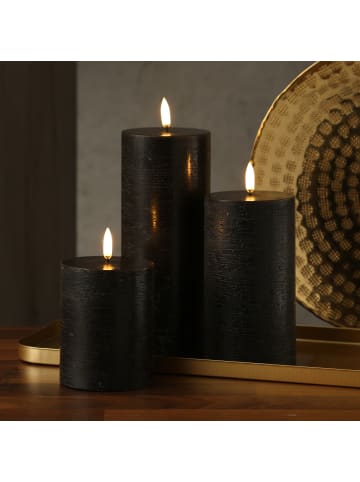 Uyuni 3er Set LED Kerzen PIA Rustik-Optik 3 Höhen mit Batterien und Fernb in schwarz