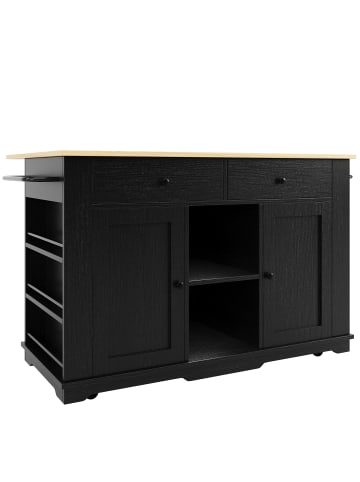 ABRIHOME Kücheninsel in Schwarz mit Steckdosenleiste und Arbeitsplatte Holzmaserung