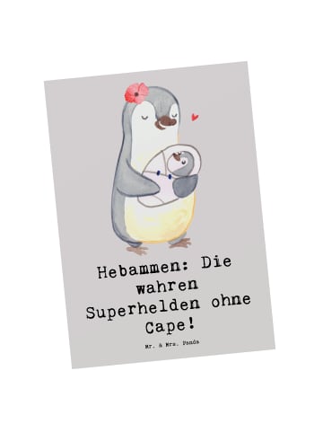 Mr. & Mrs. Panda Ansichtskarte Hebamme Superheld mit Spruch in Grau Pastell