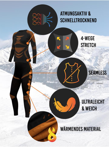 normani Damen Sport-Funktionsunterwäsche Set Hemd + Hose in Schwarz/Orange