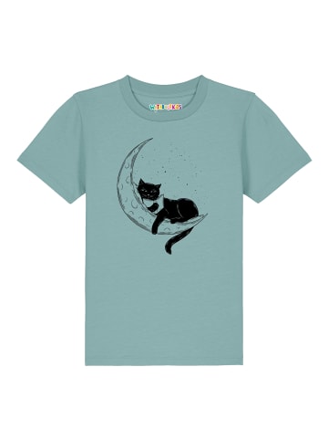 wat? Apparel T-Shirt Katze auf dem Mond in Teal Monstera