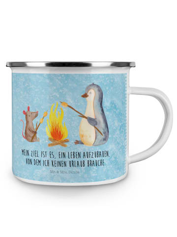 Mr. & Mrs. Panda Blechtasse Pinguin Lagerfeuer mit Spruch in Eisblau