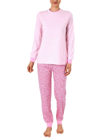 NORMANN Pyjama Schlafanzug langarm Bündchen und Spitze in rosa